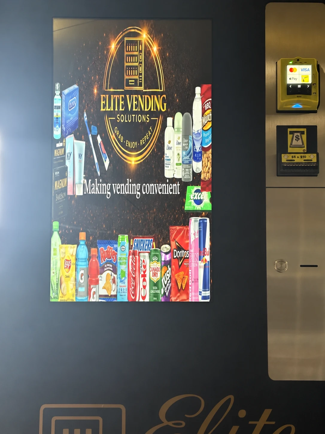 Elite-branded smart vending machine with a touchscreen display